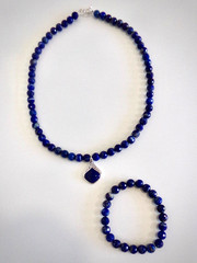Handmad Blue Pendant Necklace & Bracelet Set, Agate on Lapis Lazuli, SS925 Clasp