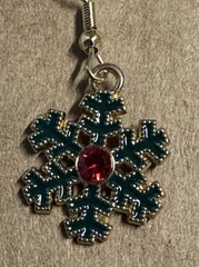 Snowflake Dangle Earrings Green Red Rhinestone Shepherds Hook Handmade 1.5” New