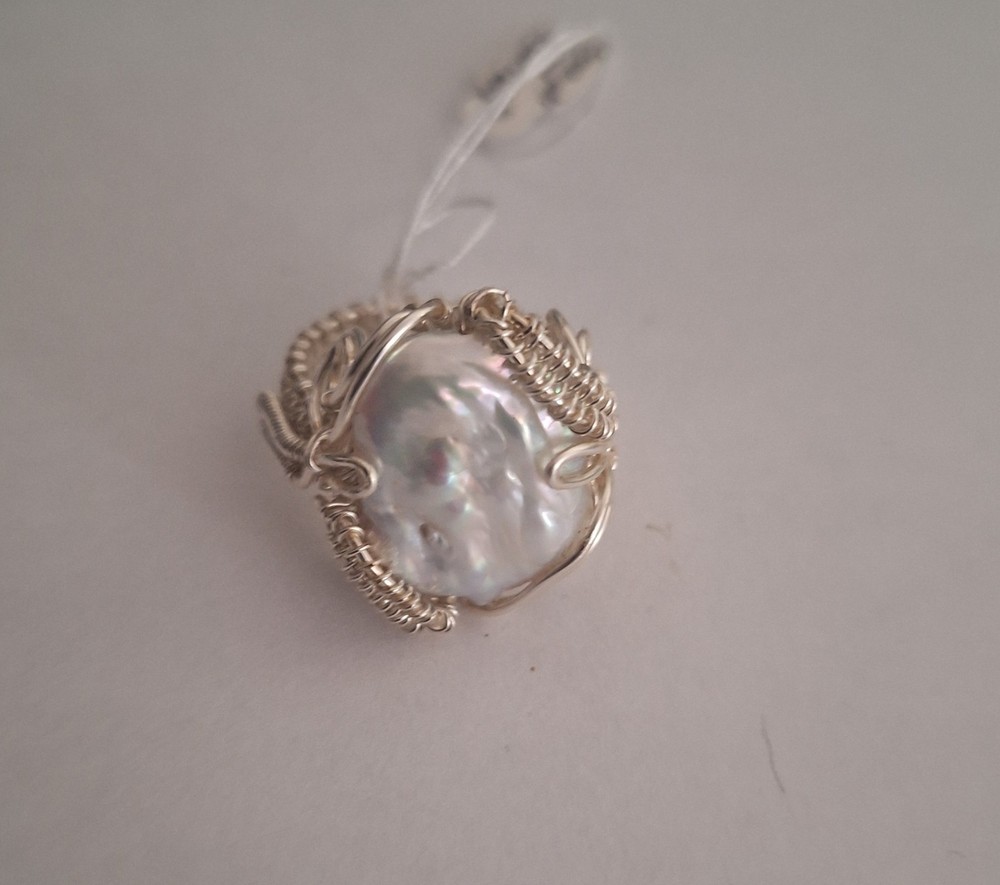 Hand Wrapped Ring Silver Coated With Large Fresh Water Pearl Size 9 Wingy Things