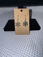Snowflake Dangle Earrings Green Red Rhinestone Shepherds Hook Handmade 1.5” New