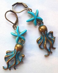 BLUE PATINA OCTOPUS shape HOWLITE earring BRONZE LEVER BACK handcrafted ACTA