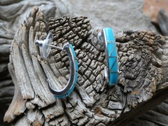 Turquoise & Opal Southwestern Sterling Silver 925 J Hook Post Earrings NEW G43