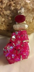 Artisan Huge Faux Hot Pink Druzy Silver Tone 3″ Pendant