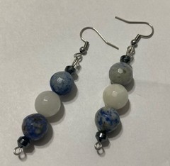 Sodalite Quartz Hematite White Blue Silver Steel Crystal Artisan Dangle Earrings