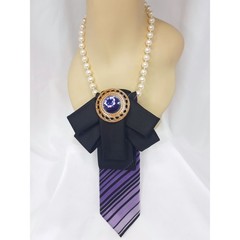 Artisan Vintage Tie Necklace Upcycled Black Purple Gold Jewel Accent Faux Pearls