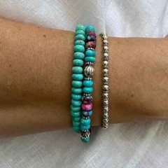 Blue & Pink Dahlia Kingman Arizona Turquoise & Sterling Silver Beaded Bracelet
