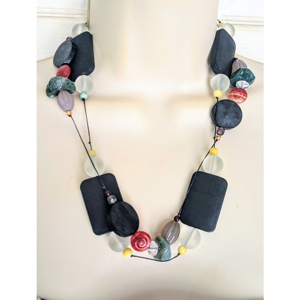 Artisan Colorful Art Glass & Black Wood Double Strand Cord Bohemian Necklace