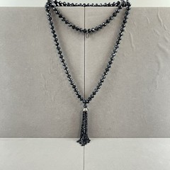 Handmade Artisan Faceted Black Glass Crystal Beaded Tassel Pendant Necklace KJP