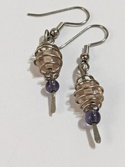 Artisan Silver Tone Wire Caged Pink & Purple Acrylic Beads Hook Earrings 1.75″