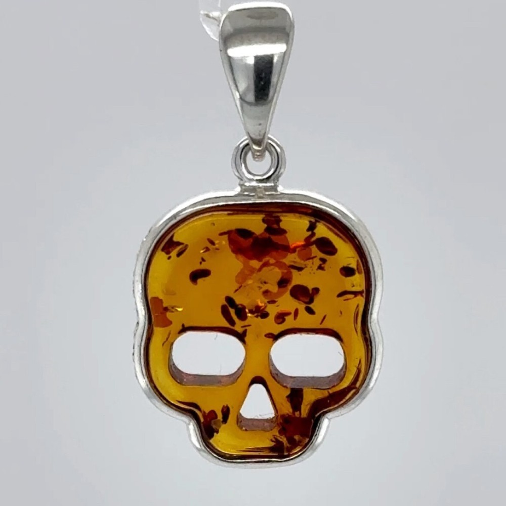 Cognac / Brown BALTIC AMBER Dead Skull Pendant 925 STERLING SILVER Tibuki #9036e