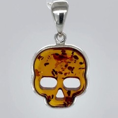 Cognac / Brown BALTIC AMBER Dead Skull Pendant 925 STERLING SILVER Tibuki #9036e
