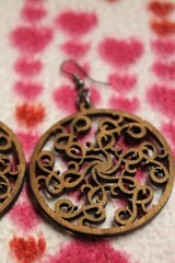EARRINGS Wooden PIERCED 1 3/4» inches ROUND Hand CRAFTED (?) Budapest HUNGARY
