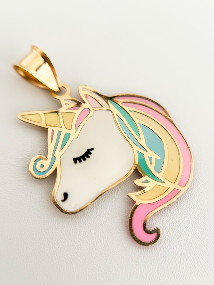 14k Solid Gold Unicorn Pendant, Unicorn Necklace, Rainbow Unicorn Charm, Horse
