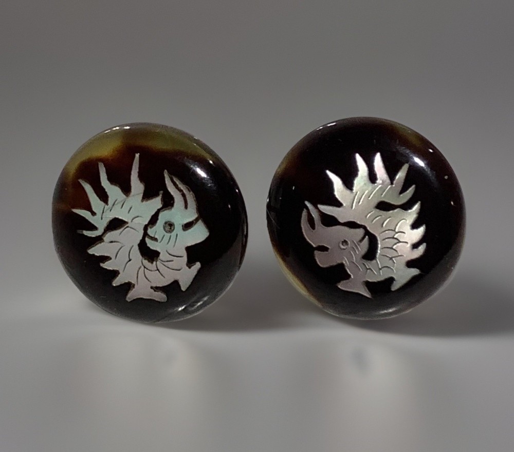 Handmade BABY DRAGON MOP Inlay Mock Tortoiseshell 925S Screw Post Earrings 2.9g