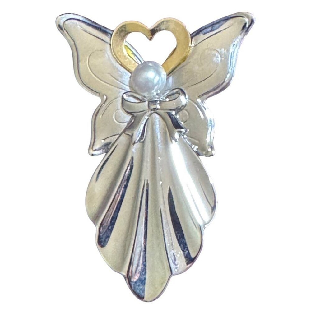 Jane AOL Angel of Love Brooch Pin Signed 1994 Two Tone Metal with Faux Pearl VTG