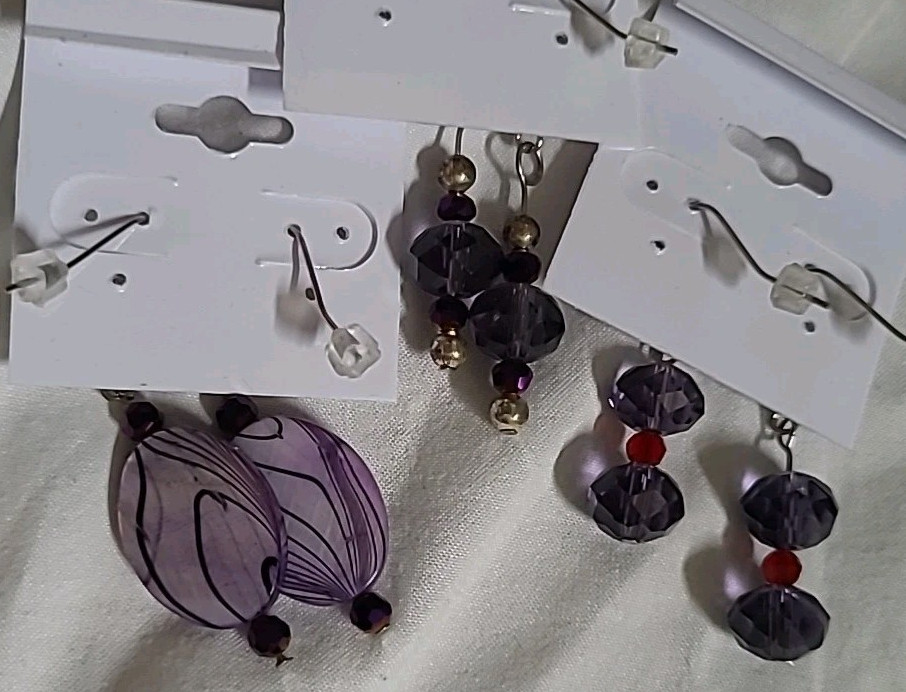 3 Pair Cosume Earrings Hand Beaded Purple Color W/ Silver Over Copper Ear Hooks