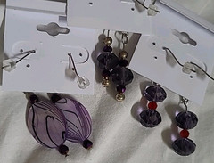 3 Pair Cosume Earrings Hand Beaded Purple Color W/ Silver Over Copper Ear Hooks