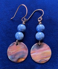 Hand Crafted Earrings Flame Painted Copper Discs Blue Stones Dangle 2.25″ Fired