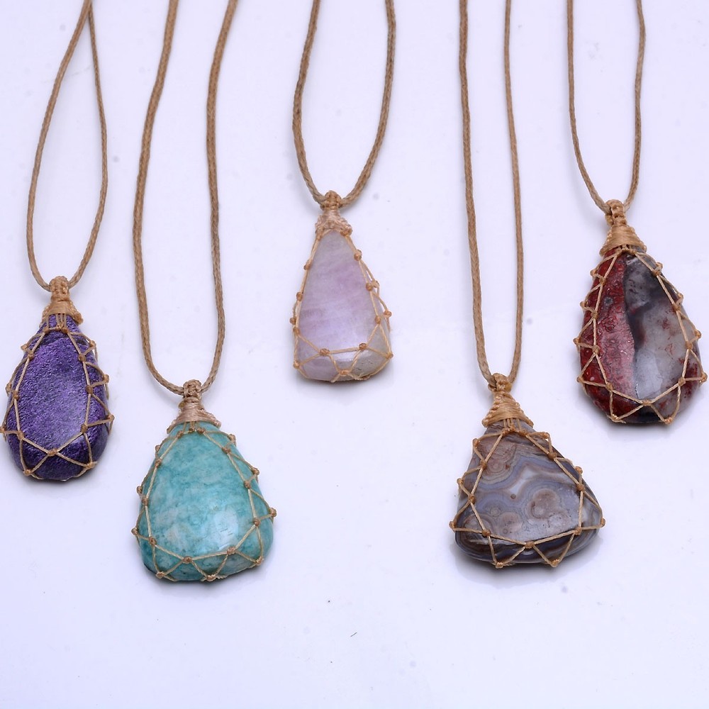 5 Pcs Natural Mix Gemstones Handmade Bohemian Macrame Necklaces Wholesale Lot
