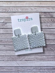 Pale Blue Gray Floral Tile Embossed Statement Dangle Polymer Clay Earrings