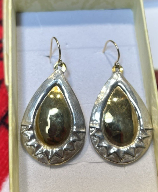 Vintage Sterling Silver .925 & Brass Jeep Collins Teardrop Earrings 1 5/8″ Drop