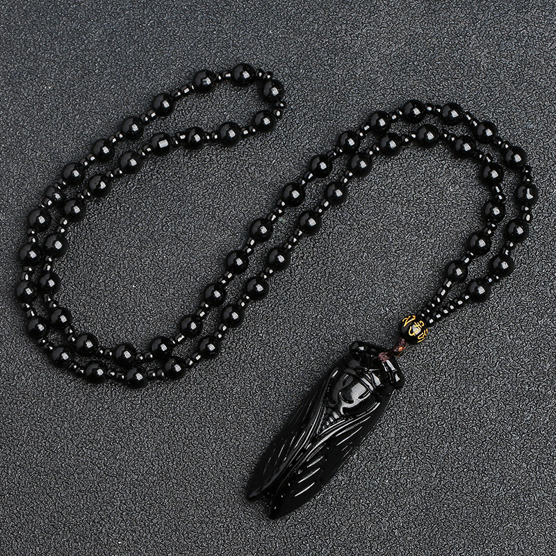 Natural Handmade Carved Black Stone Cicada Necklace Pendant for Women’s Gift
