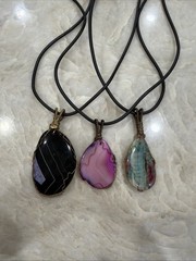 Ocean Midnight & Blush OOAK Handmade Wire Wrapped Agate Necklace Trio Set