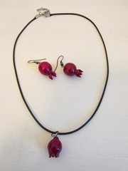 Handcrafted Red and Black pomegranate Necklace Earrings Jewelry Set from Armenia