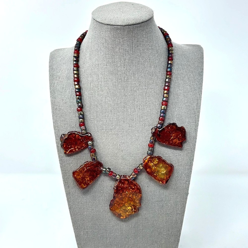 Vintage Baltic Amber Statement Necklace 21” Cognac Slab Beads Copper Toggle Boho