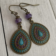 Min Favorit Colorful Enamel Pendant & Amethyst Brass Artisan Boho Earrings
