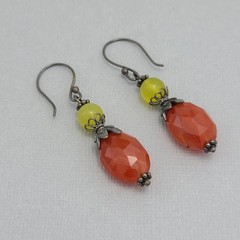 Dangle Red Carnelian Green Jade Sterling Silver Earrings.