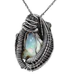 Rough Ethiopian Welo Opal Necklace with Rainbow Moonstone, Sterling Silver Wrap