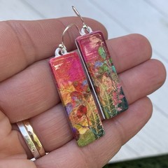 Min Favorit Watercolor Floral & White Enamel Silver Pl Artisan Earrings