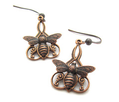 Art Deco Earrings Bumble Bee Bohemian Antiqued Copper Brass Vintage Design Gift