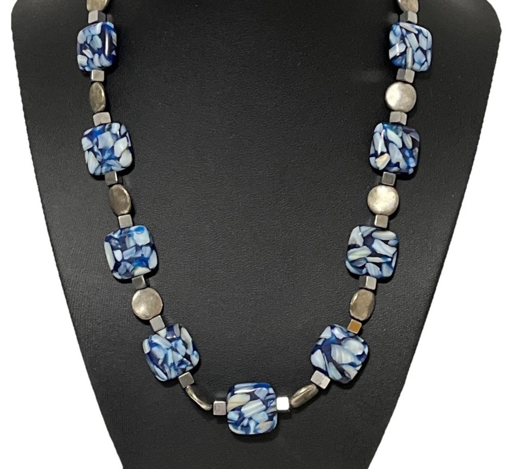 Handmade Art Fused Glass Beaded Necklace Blue And White With Silver Accents
