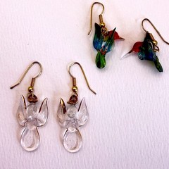 Art Glass Earring Bundle Handblown Angel and Hummingbird Gold Tone Hooks Pair