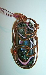 Handcrafted Wire Wrapped Caged Copper Black Flower Dichroic Glass Bead Pendant