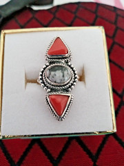 Artisan Crafted White Buffalo and Mediterranean Coral Ring in Sterling Sz 6