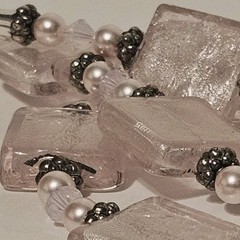 Handmade Soft Pink Glass Square Bead Necklace Faux Pearls & Crystal 20″ 3oz Glam