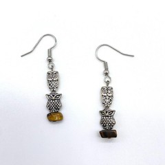 Handmade Artisan Silver-tone Owl Earrings w/ Tiger Eye and Stainless Steel Hooks