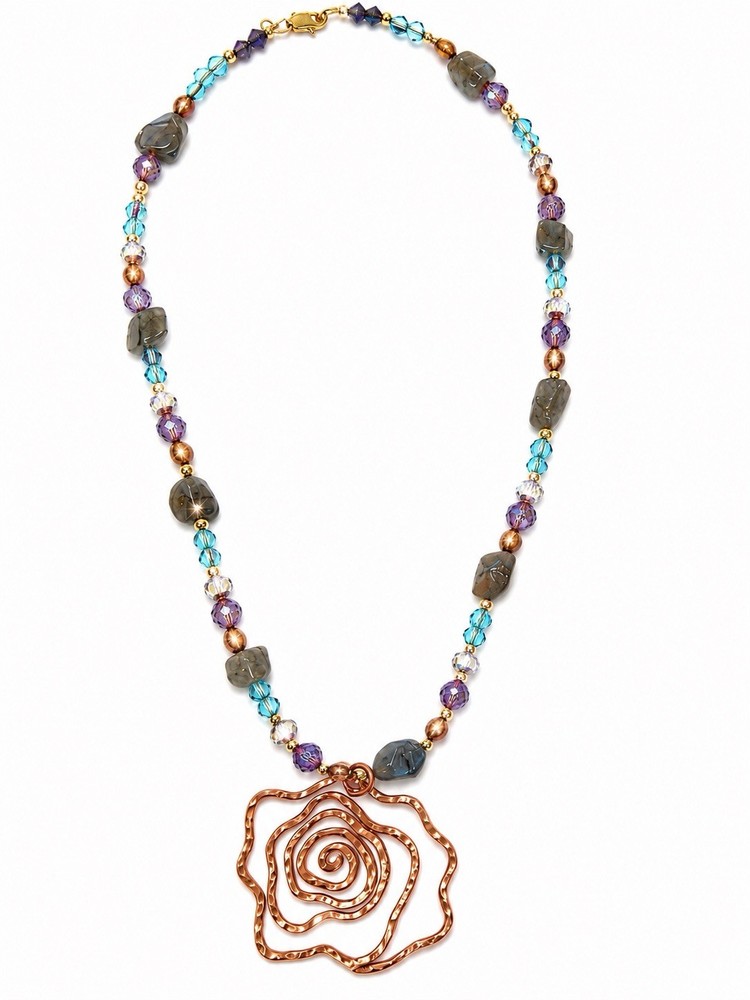 Handmade Copper Rose Pendant Necklace Blue Purple Beaded Boho Artisan Jewelry