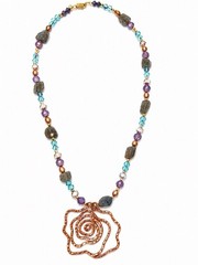 Handmade Copper Rose Pendant Necklace Blue Purple Beaded Boho Artisan Jewelry