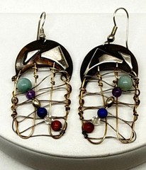 Vtg Artisan silver gold tone wired Gemstones dangle earrings unsigned celestial