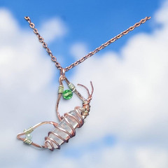 Handcrafted Wire-Wrapped Clear Quartz Pendant Copper Chain Green Bead