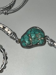 Handcrafted Gray Leather Wrap Bracelet w/ Turquiose Stone & Multicolored Beads