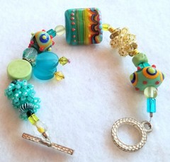OOAK Lampwork Art Glass Bracelet Yellow Green Blue Gold Wire Wrapped Glass Seeds