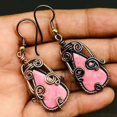 Natural Rhodonite Gemstone Copper Wire Wrapped Handcrafted Earrings 41x19mm