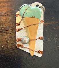 Blonde Shark Tooth Pendant Turquoise Wrapped Copper Handmade Artisan Signed