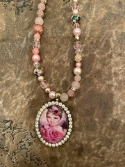 Retro Audrey Hepburn Pink Rose Crystal Pendant Quartz Cloisonne Bead Necklace
