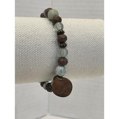 Handmade Boho Beaded Stretch Bracelet Brown Blue Stone Bronze Round Charm 6.75in